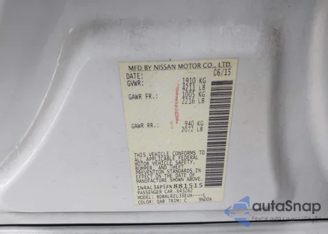 2015 Nissan Altima 2.5 Sl z USA, uszkodzony, nr VIN 1N4AL3AP5FN881515